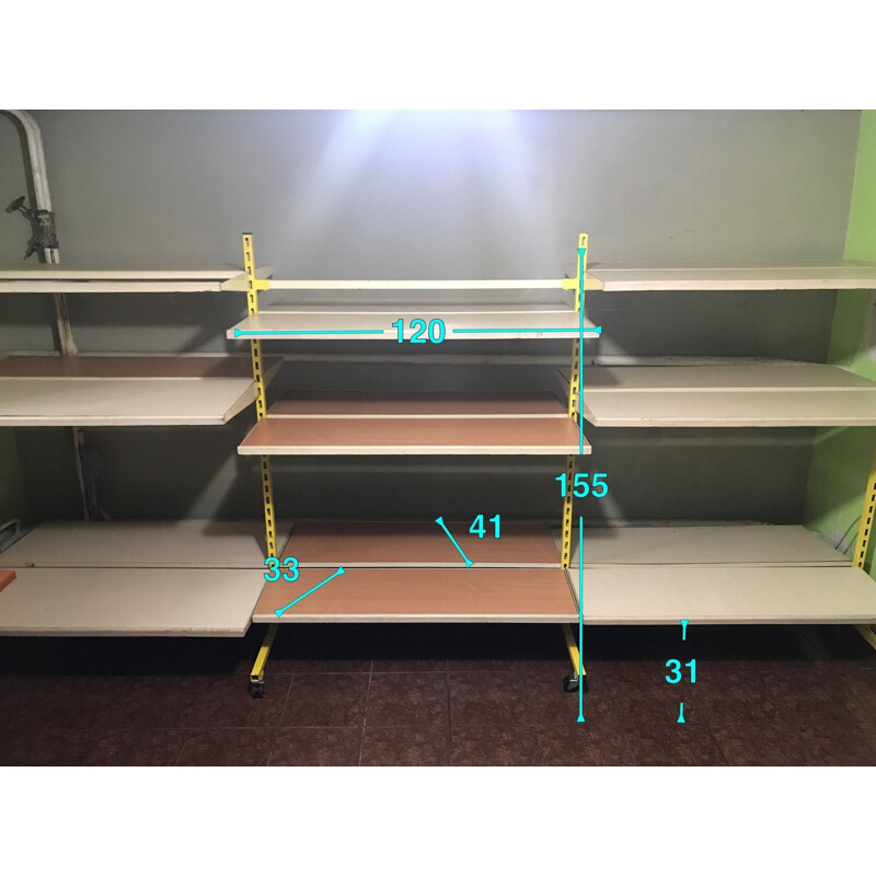 Vintage industrial shelves in metal, wood and plywood, 1980