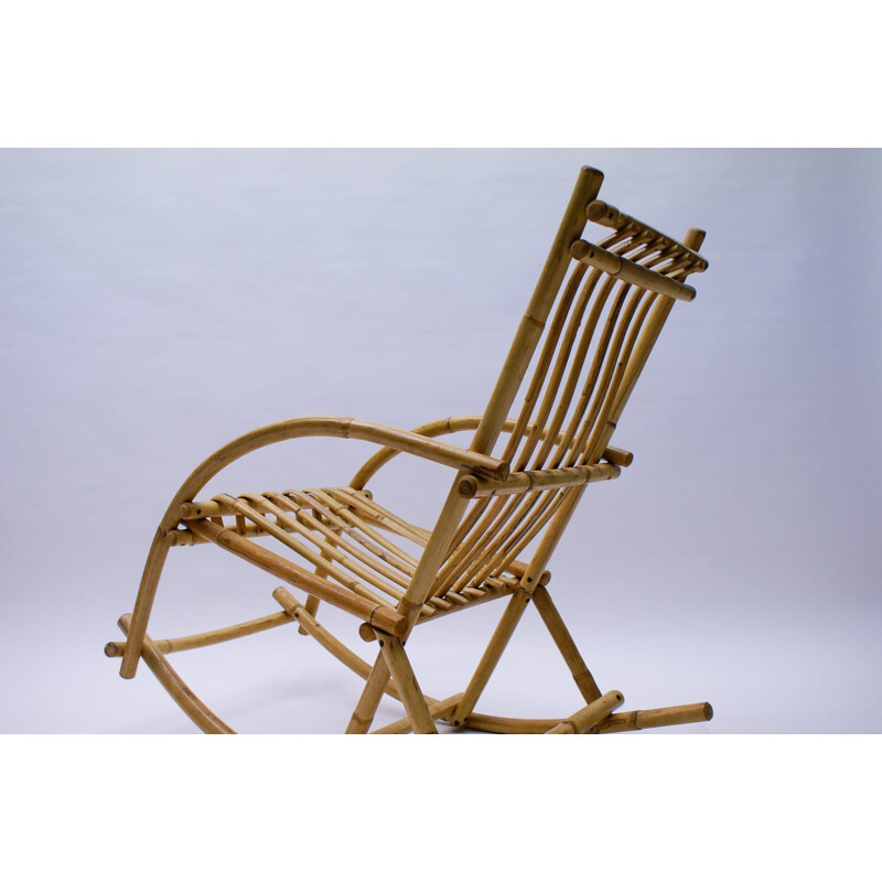 Chaise vintage à bascule  en rotin et bambou 1970