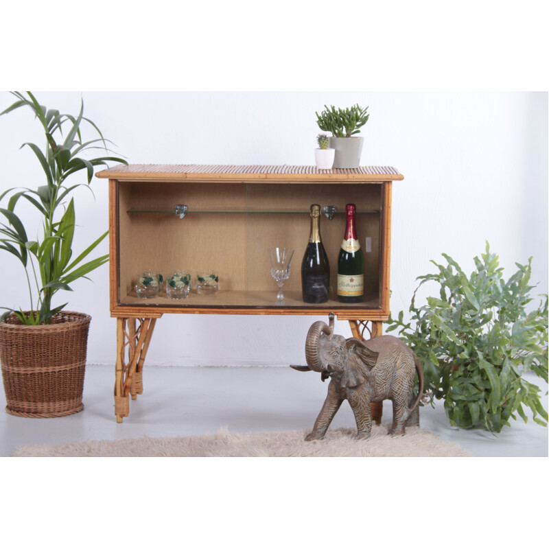 Vintage bamboo bar cabinet with glass doors