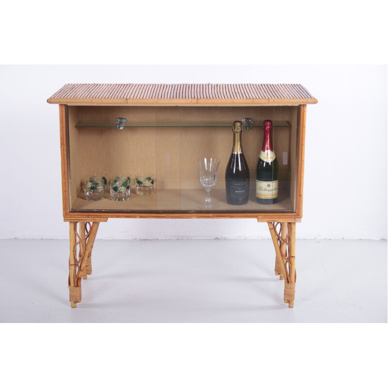 Vintage bamboo bar cabinet with glass doors