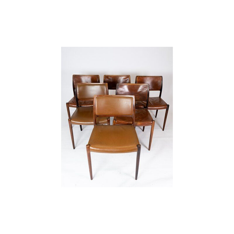 Ensemble de 6 chaises vintage modèle 80 en palissandre et cuir couleur cognac par N.O. Møller 1980 