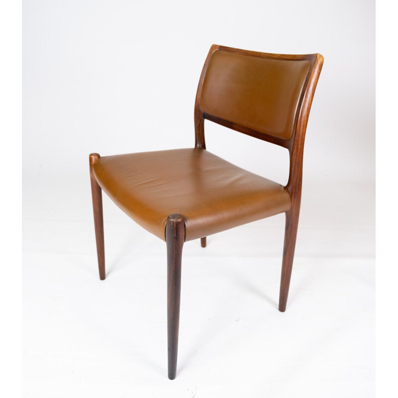 Set of 6 vintage chairs model 80 in rosewood and cognac leather by N.O. Møller 1980s