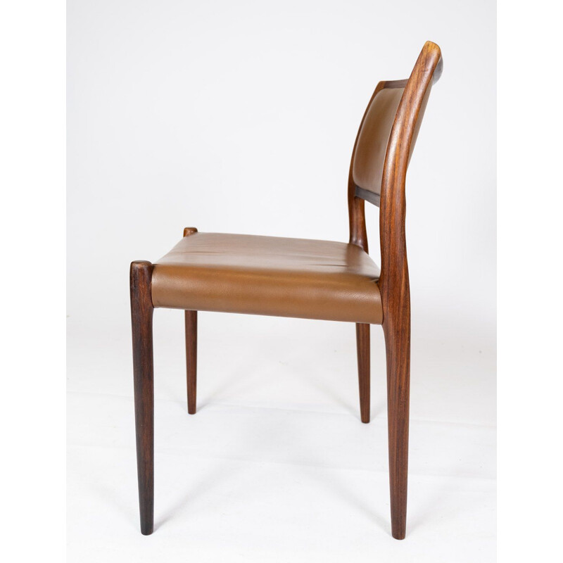 Set of 6 vintage chairs model 80 in rosewood and cognac leather by N.O. Møller 1980s