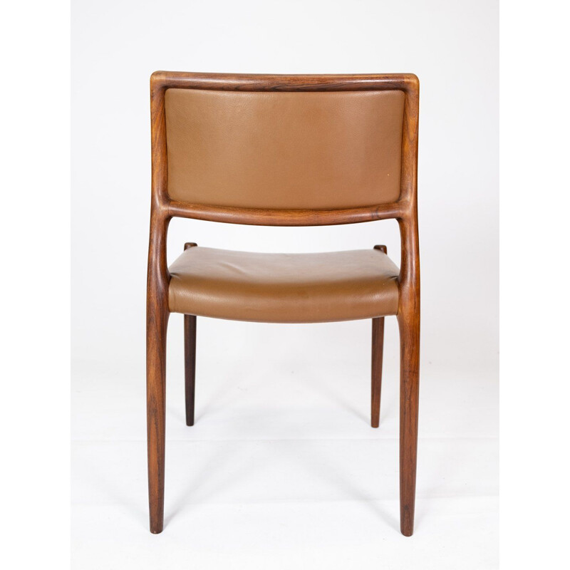 Ensemble de 6 chaises vintage modèle 80 en palissandre et cuir couleur cognac par N.O. Møller 1980 