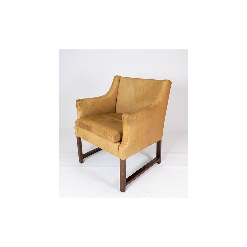 Vintage armchair upholstered in light leather and dark wood frame model 3246 by Borge Mogensen, 1960