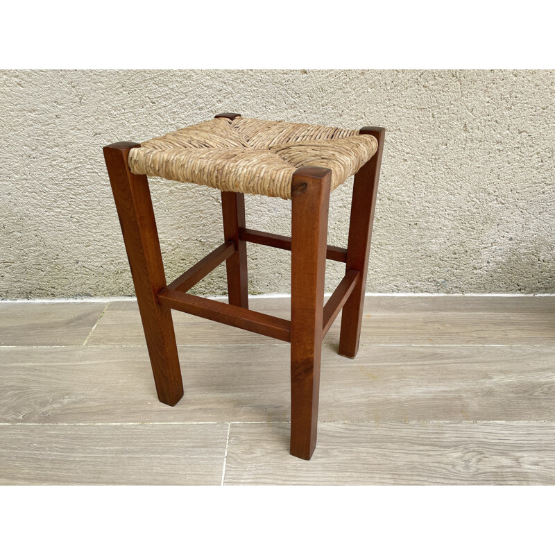 Vintage geometric stool in straw and solid teak 