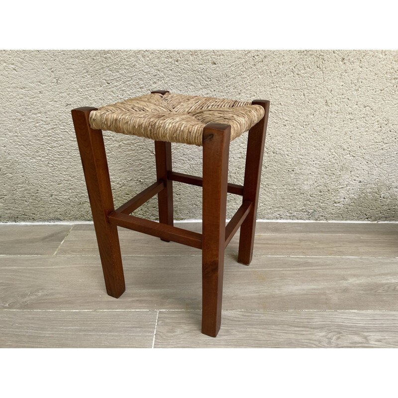 Vintage geometric stool in straw and solid teak 