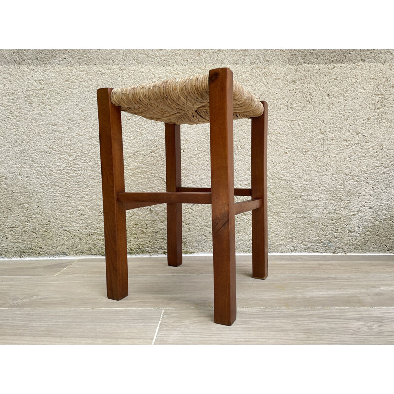 Vintage geometric stool in straw and solid teak 