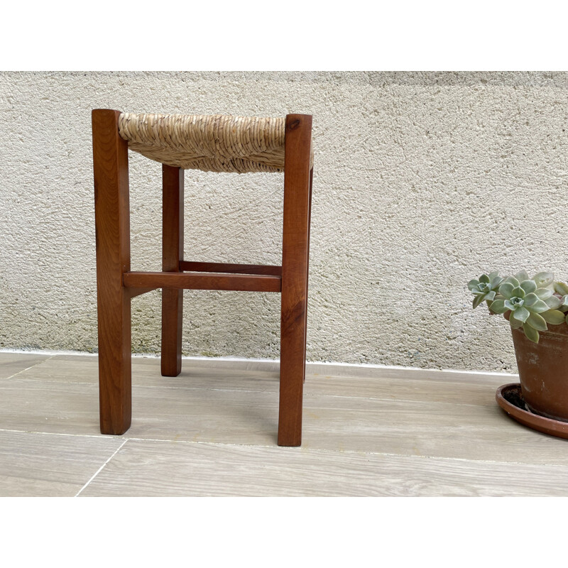 Vintage geometric stool in straw and solid teak 