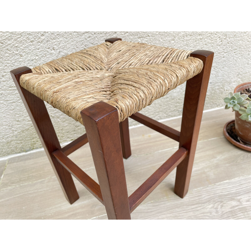 Vintage geometric stool in straw and solid teak 