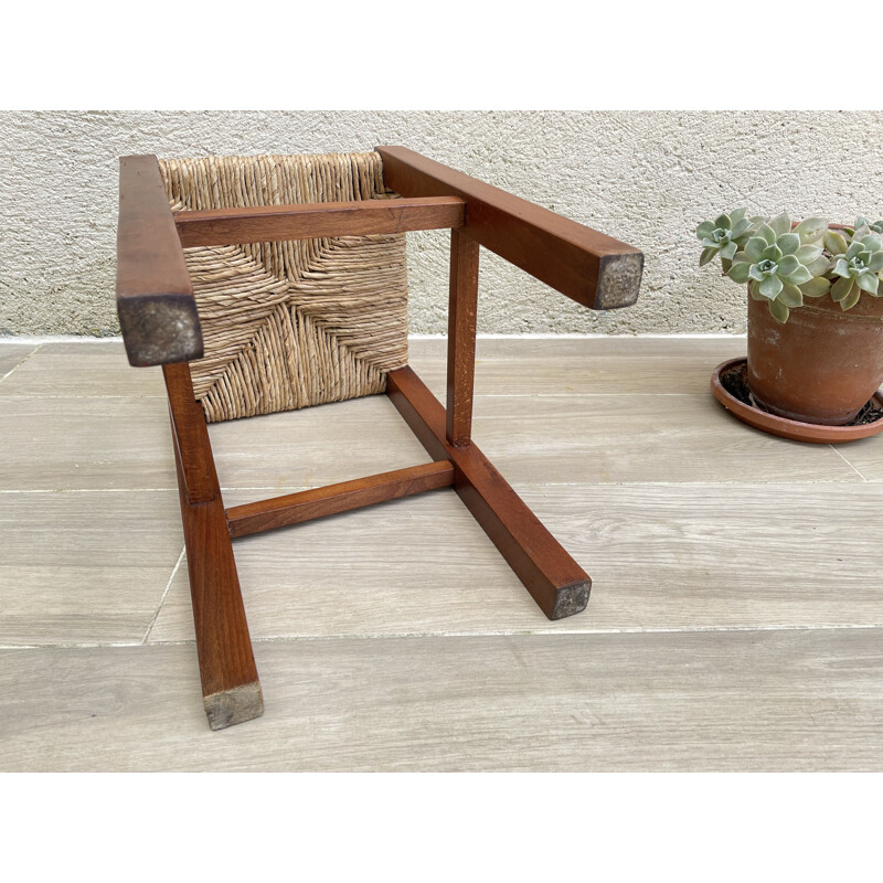 Vintage geometric stool in straw and solid teak 