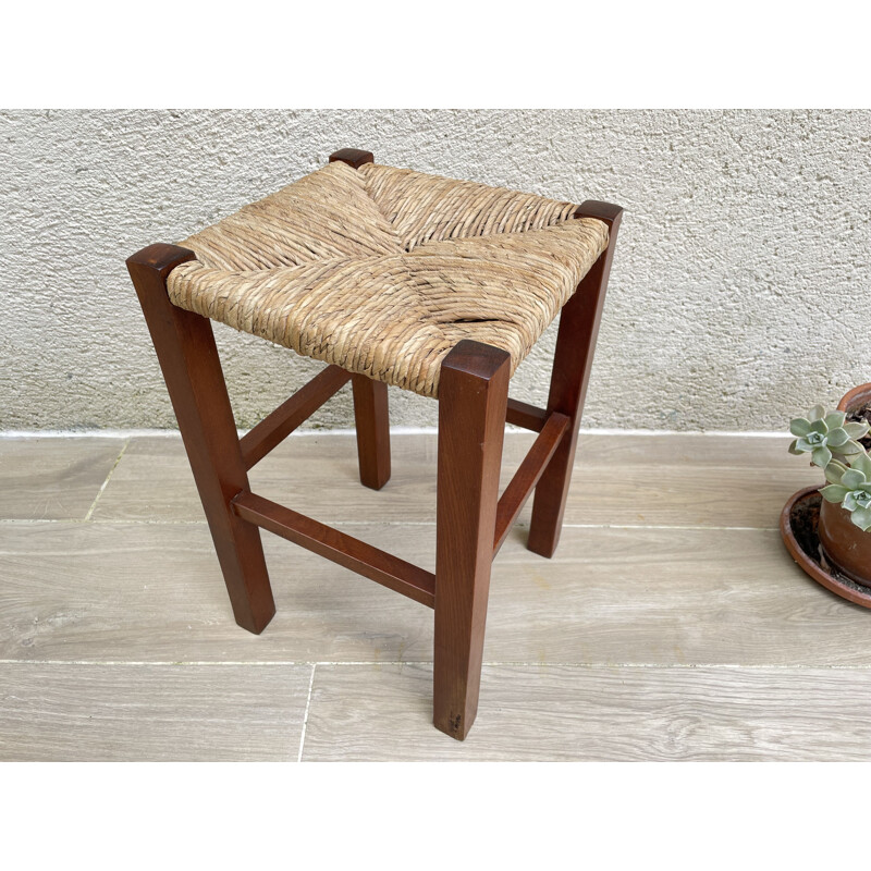 Vintage geometric stool in straw and solid teak 