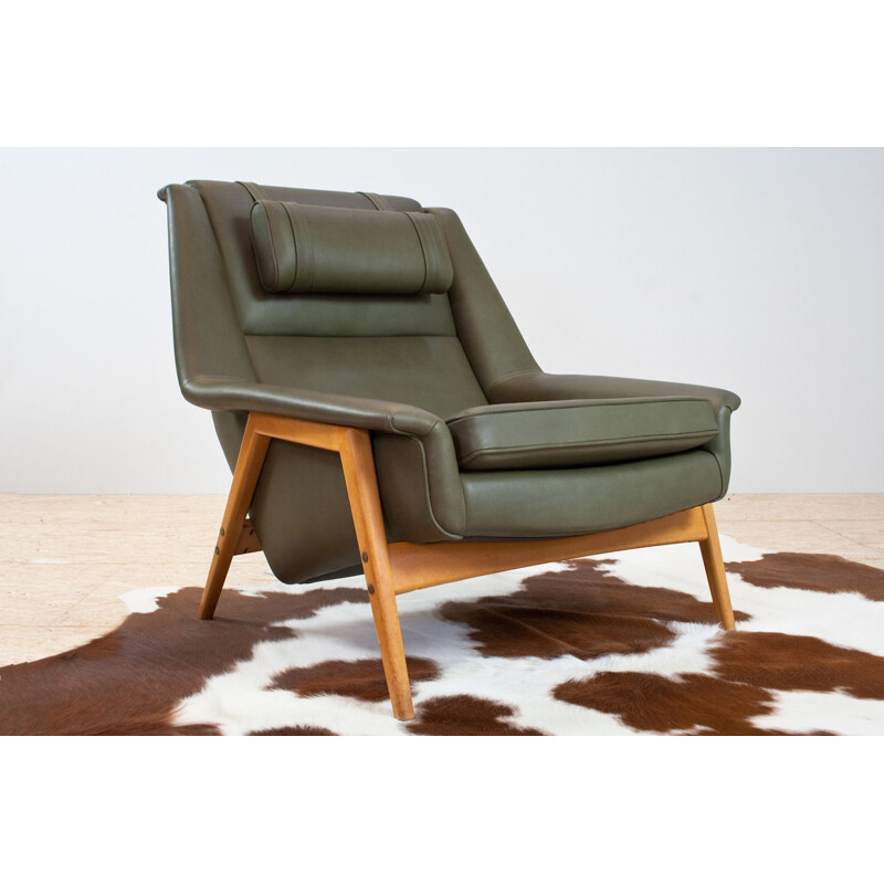 Vintage green leather armchair by Folke Ohlsson for Fritz Hansen 1960s
