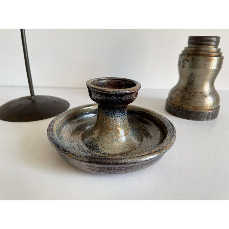 Set of 3 vintage candle holders in steel and stoneware