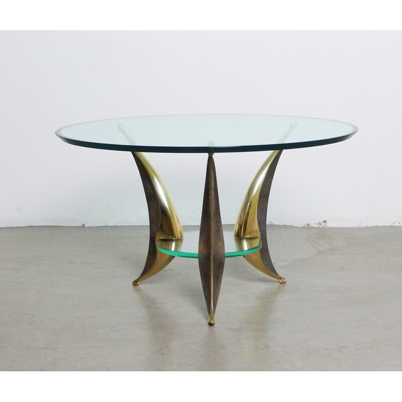 Italian sculptural coffee table with massive brass feet and two glass plates- 1950s