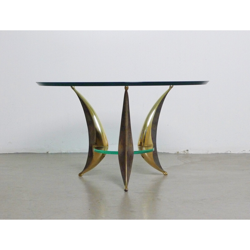 Italian sculptural coffee table with massive brass feet and two glass plates- 1950s