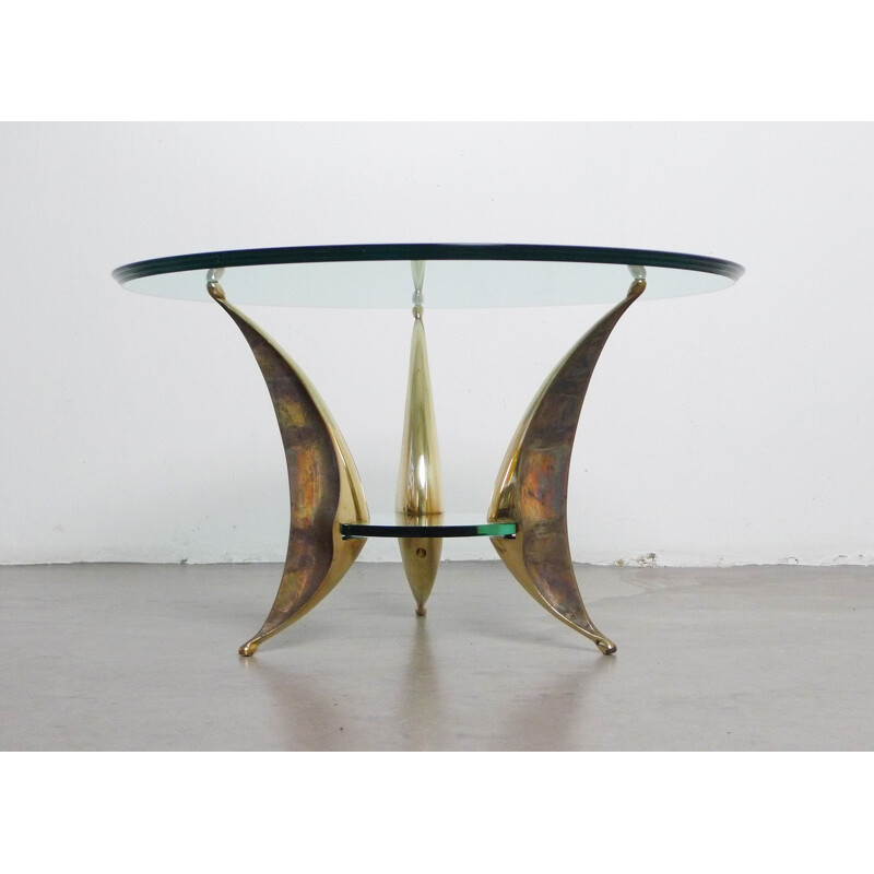 Italian sculptural coffee table with massive brass feet and two glass plates- 1950s