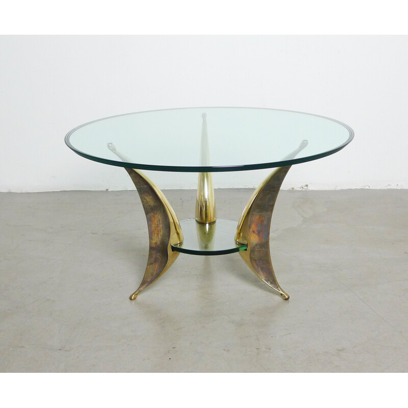 Italian sculptural coffee table with massive brass feet and two glass plates- 1950s