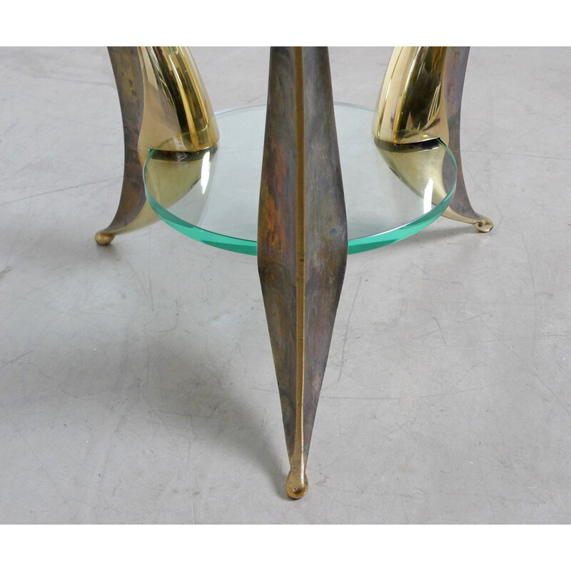 Italian sculptural coffee table with massive brass feet and two glass plates- 1950s