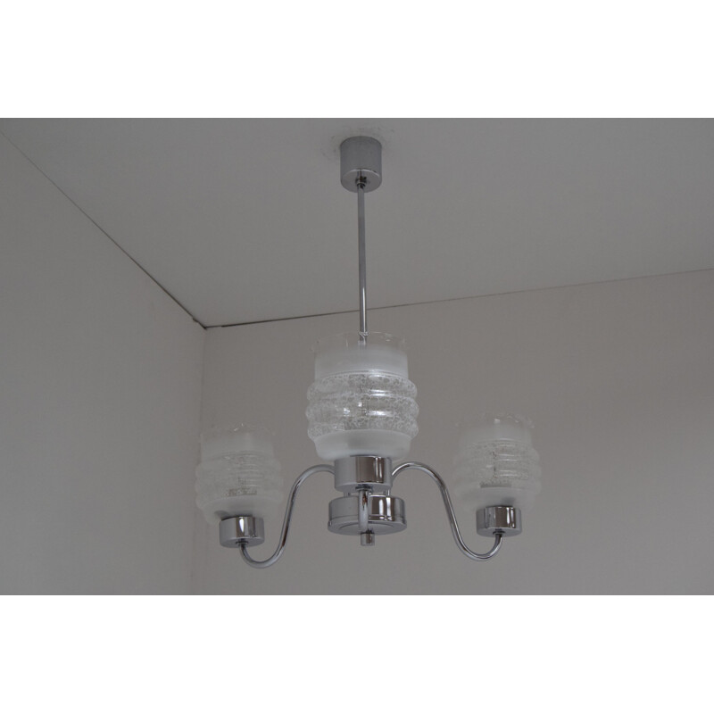 Vintage chrome glass chandelier, Czechoslovakia 1970