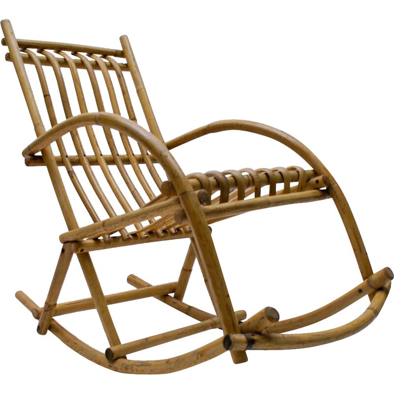 Chaise vintage à bascule  en rotin et bambou 1970
