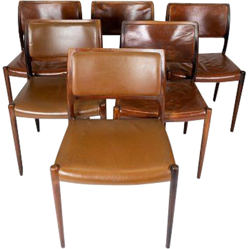 Ensemble de 6 chaises vintage modèle 80 en palissandre et cuir couleur cognac par N.O. Møller 1980 
