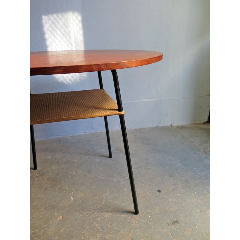 Table vintage en teck et rotin avec base en métal 1950