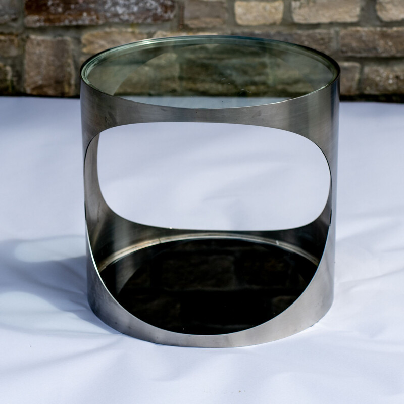 Vintage side table in brushed chrome and glass 1980s