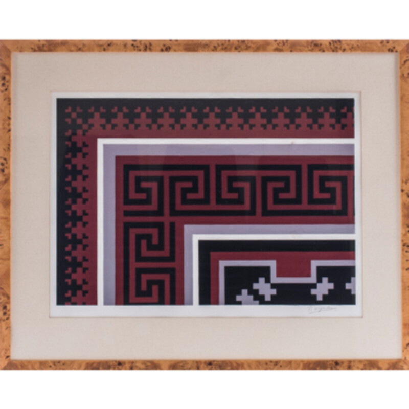 Image vintage originale à la gouache par Navajo Gando Border Rug  de Desmond Rayner s.g.a