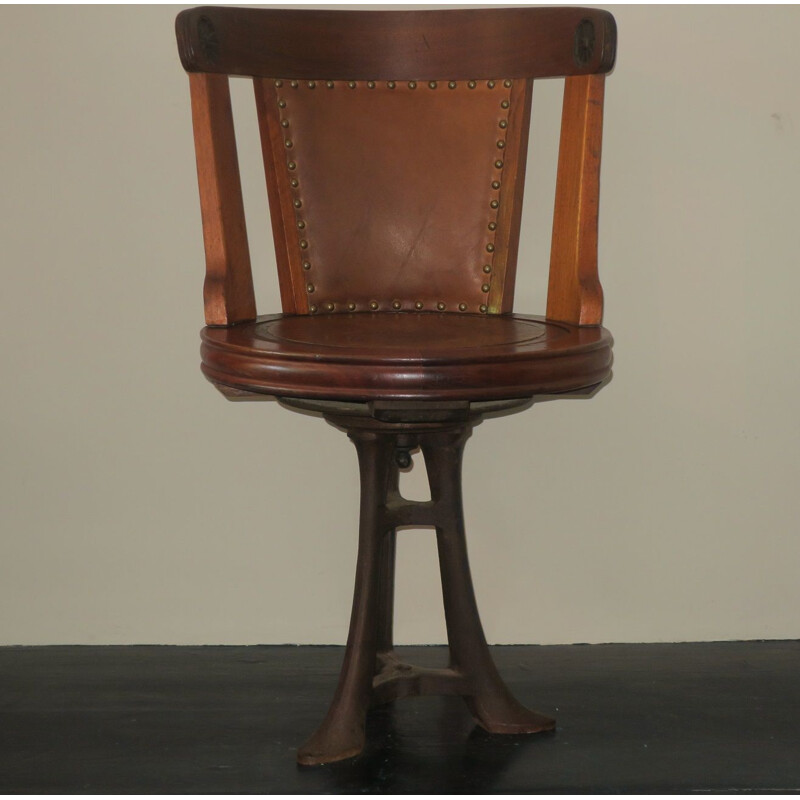 Chaise tournante vintage nautique en teck et cuir sur base de fer