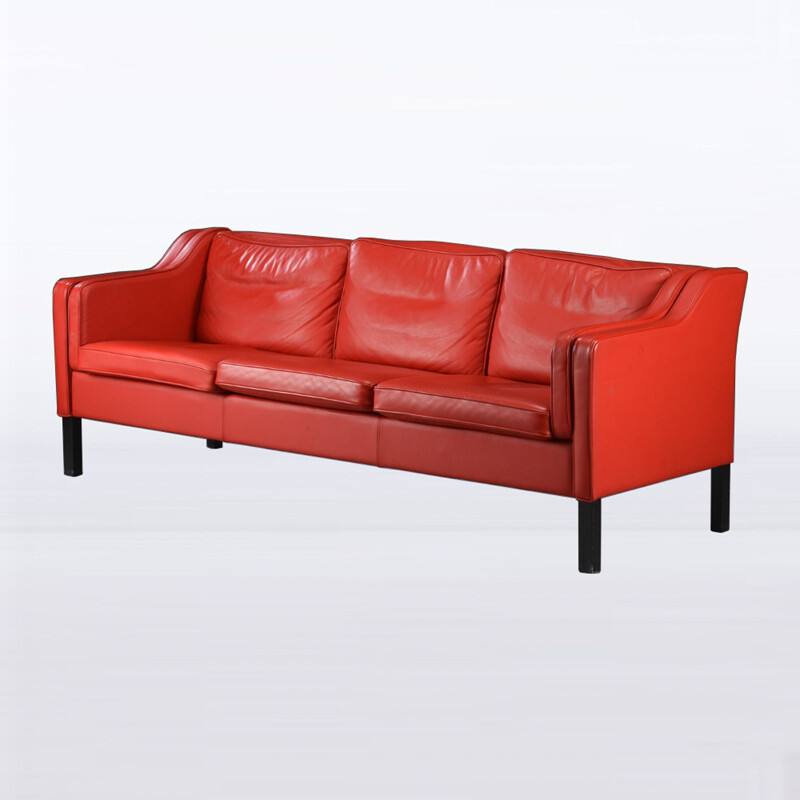 Vintage 3 seater red leather sofa by Hurup Mobelfabrik, Denmark