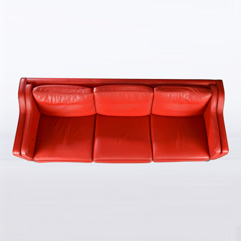 Sofá vintage de 3 plazas en cuero rojo de Hurup Mobelfabrik, Dinamarca