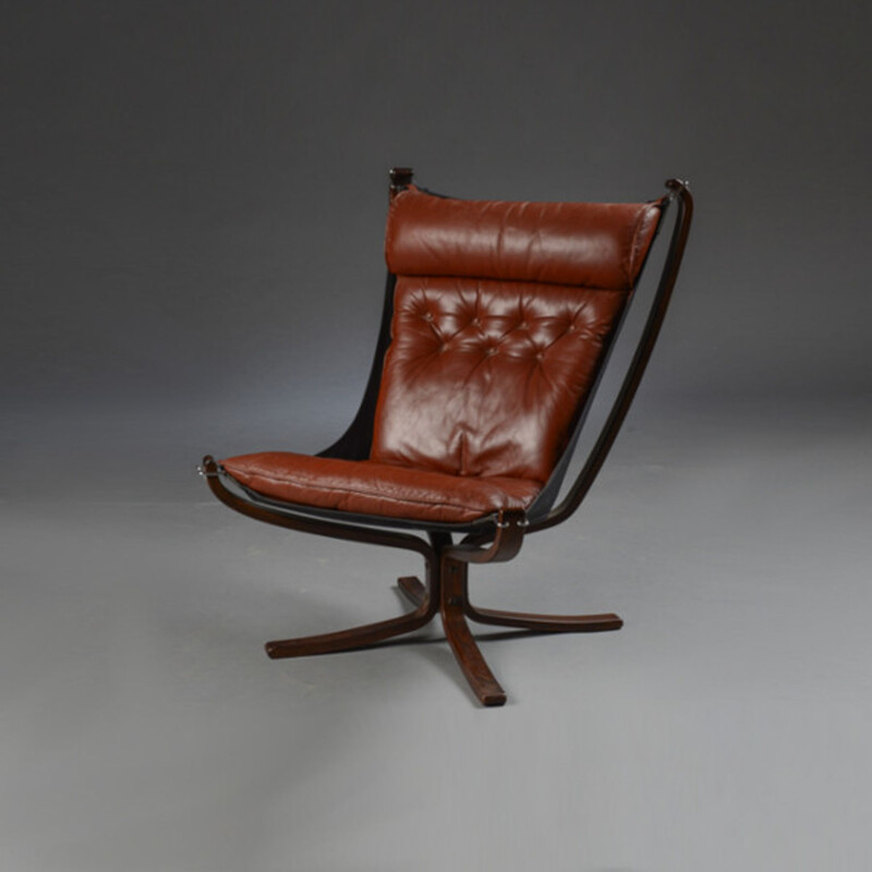 Vintage Falcon high back chair with dark brown leather cushion by Sigurd Ressell 1970