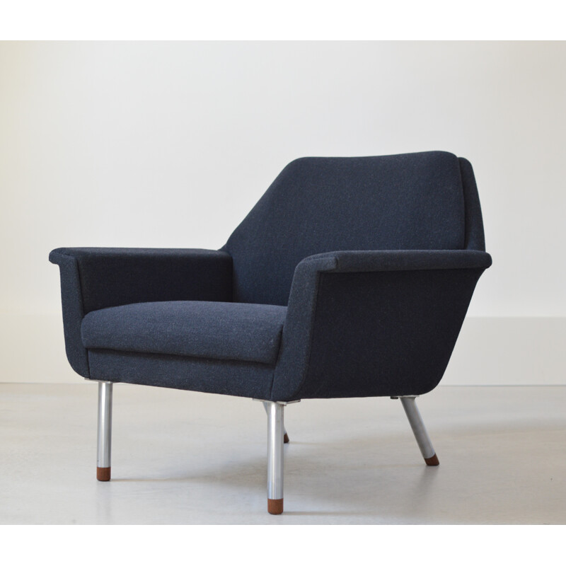 Danish armchair in steel and blue fabric, Illum WIKKELSO - 1950s