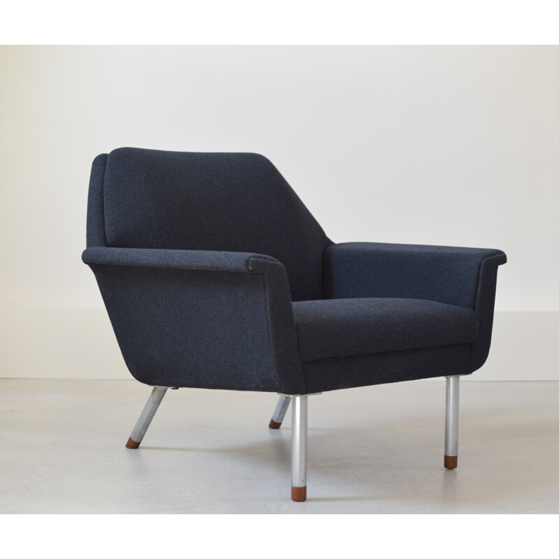 Danish armchair in steel and blue fabric, Illum WIKKELSO - 1950s