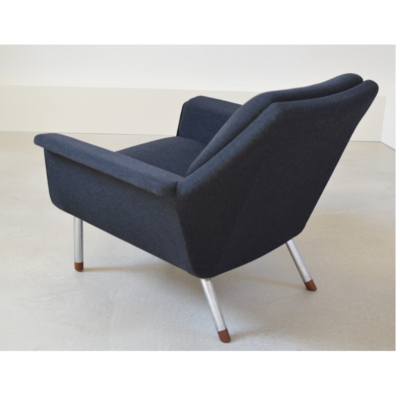 Danish armchair in steel and blue fabric, Illum WIKKELSO - 1950s