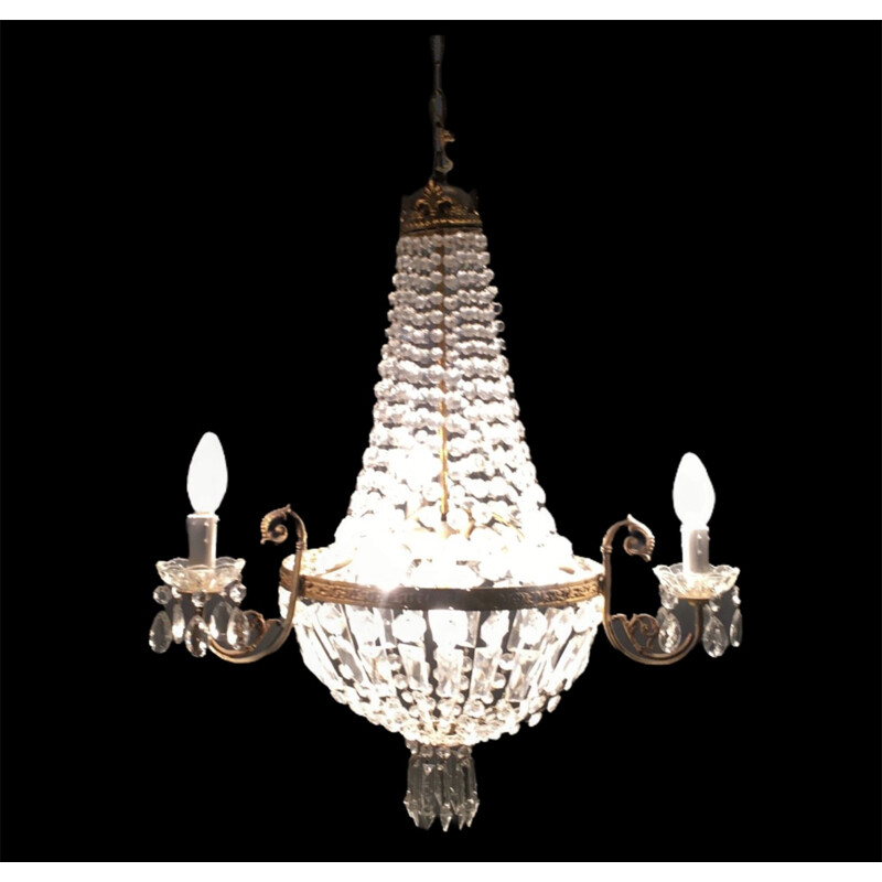 Vintage hand-knotted crystal basket chandelier, 1950