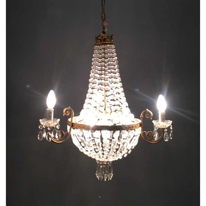 Vintage hand-knotted crystal basket chandelier, 1950