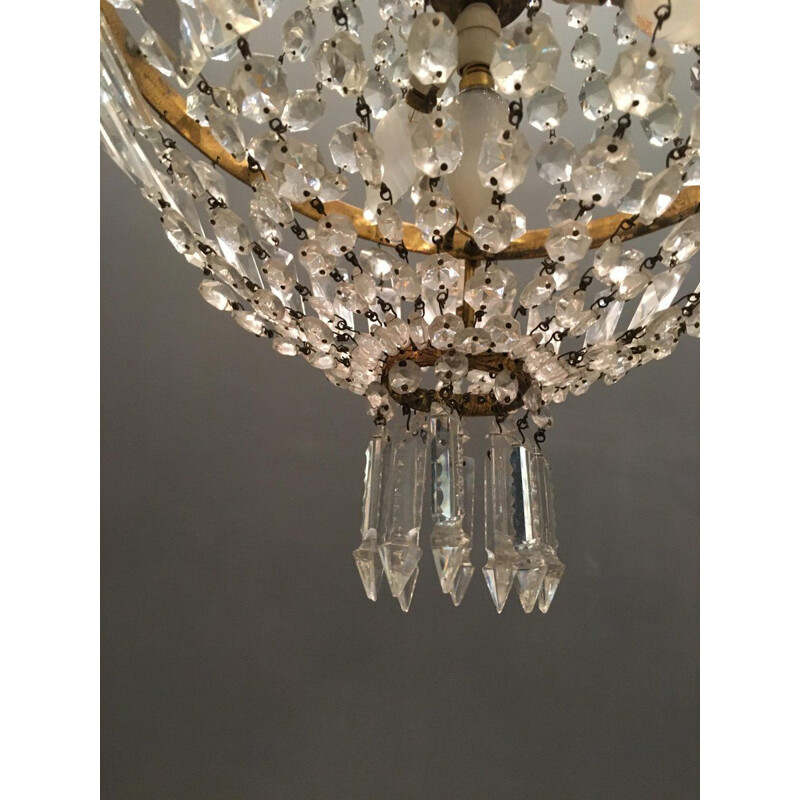 Vintage hand-knotted crystal basket chandelier, 1950