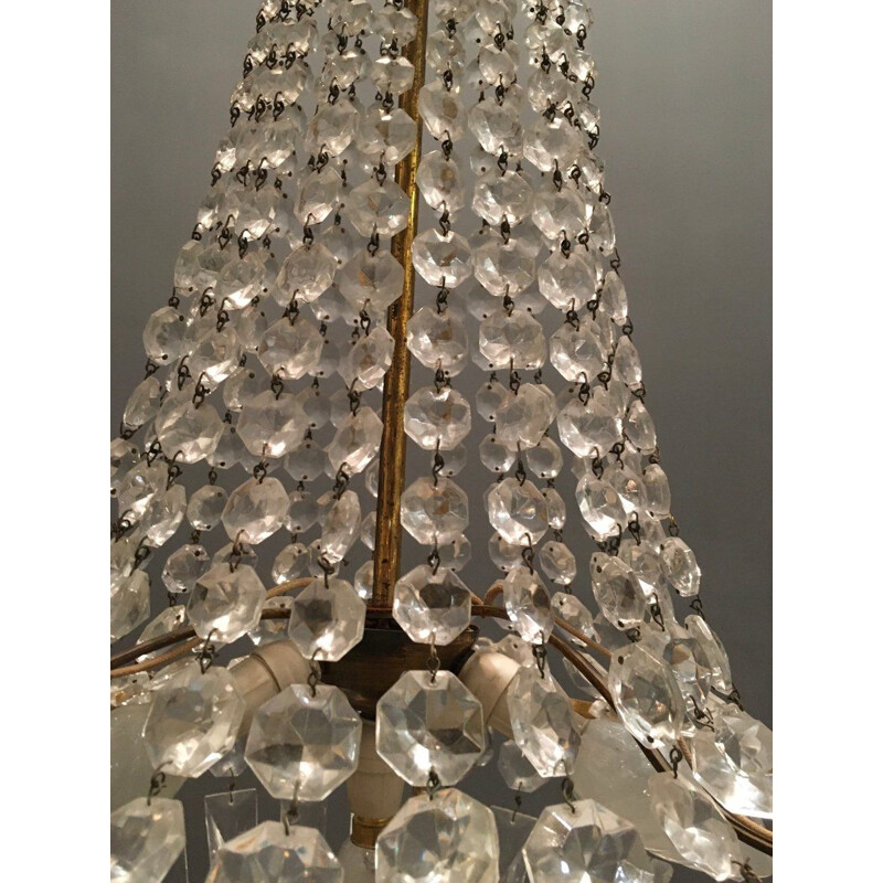 Vintage hand-knotted crystal basket chandelier, 1950