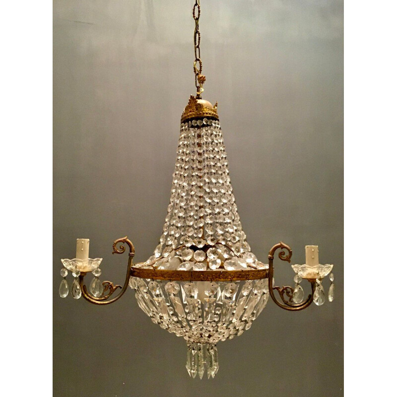 Lampadario vintage a cesto di cristallo legato a mano, 1950