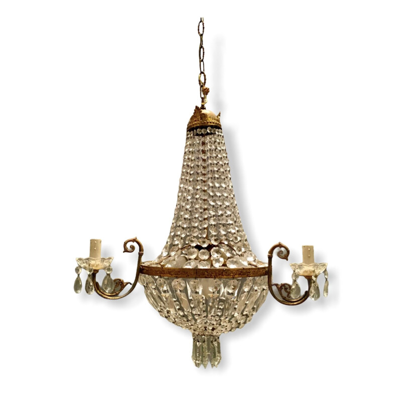 Vintage hand-knotted crystal basket chandelier, 1950