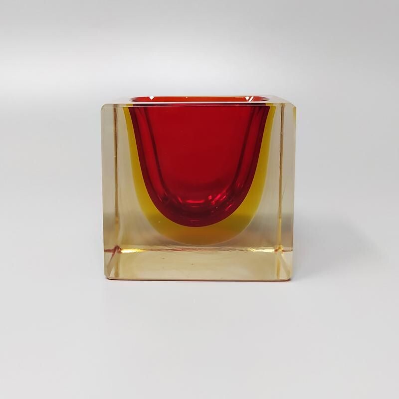 Vintage red and yellow rectangular bowl or catch-all by Flavio Poli for Seguso 1970s