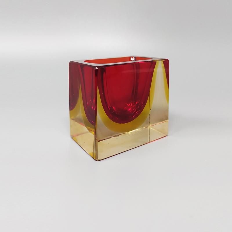 Vintage red and yellow rectangular bowl or catch-all by Flavio Poli for Seguso 1970s