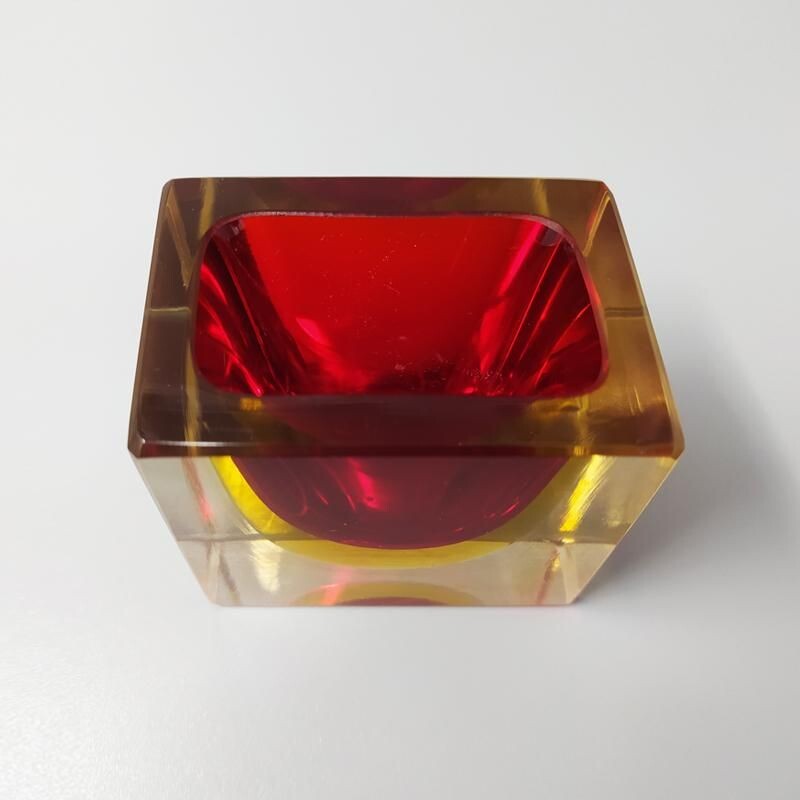 Vintage red and yellow rectangular bowl or catch-all by Flavio Poli for Seguso 1970s