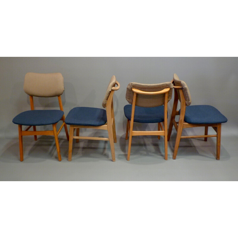 Set of 4 blue and beige dining chairs in teak wood - 1950s