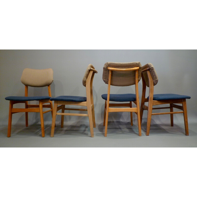Set of 4 blue and beige dining chairs in teak wood - 1950s