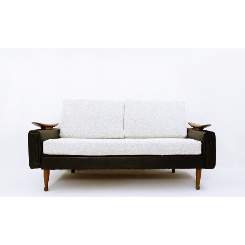 Vintage teak and faux leather sofa bed by Greaves &Thomas UK 1960s