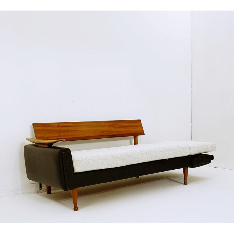 Vintage teak and faux leather sofa bed by Greaves &Thomas UK 1960s