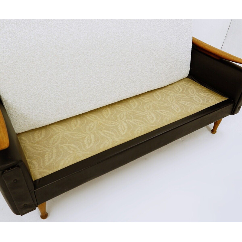 Vintage teak and faux leather sofa bed by Greaves &Thomas UK 1960s